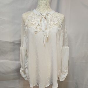 Women's Cream Lace Yoke Long-Sleeve Blouse - Elegant Tie Neck